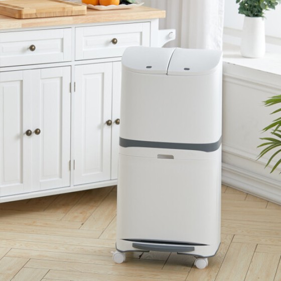 48L トロリー式リサイクルゴミ箱、ダブルコンパートメントペダル式ゴミ箱（キャスター付き）